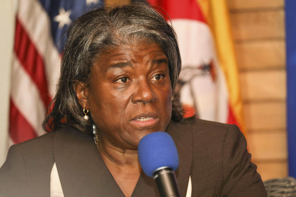 U.S. Ambassador to the United Nations Linda Thomas-Greenfield speaks to the media at the residence of the U.S. Ambassador to Uganda, in the capital Kampala, Uganda, Thursday, Aug. 4, 2022. . (AP Photo/Hajarah Nalwadda)