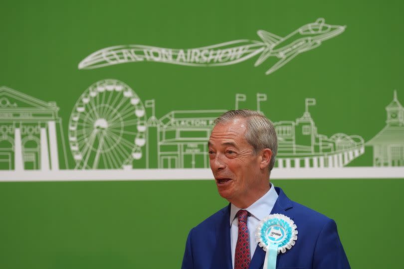 Reform UK leader Nigel Farage gives a victory speech at Clacton Leisure Centre