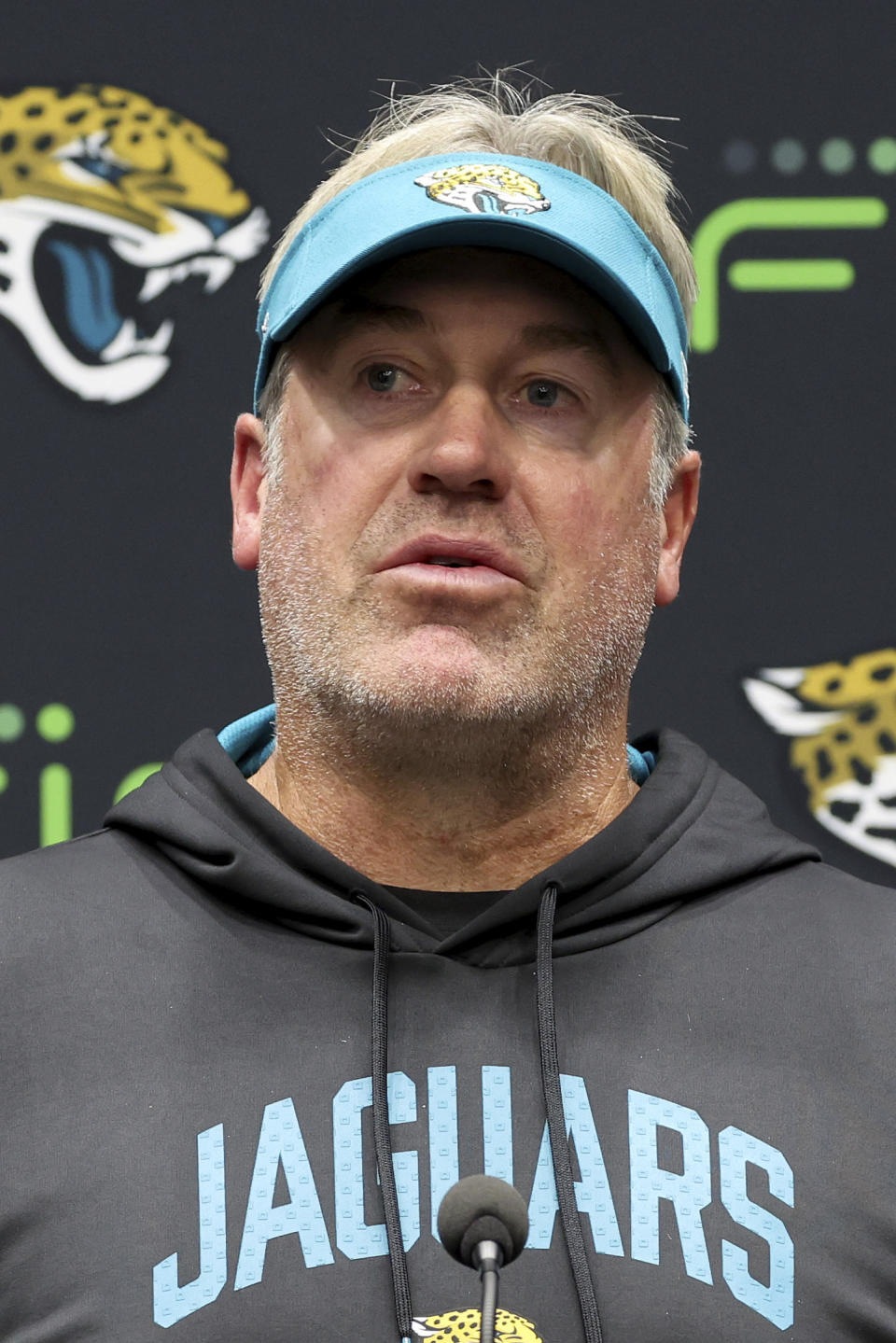 Jacksonville Jaguars head coach Doug Pederson speaks during a press conference after the NFL football game between Denver Broncos and Jacksonville Jaguars at Wembley Stadium in London, Sunday, Oct. 30, 2022. Jaguars lost by 17-21. (AP Photo/Ian Walton)