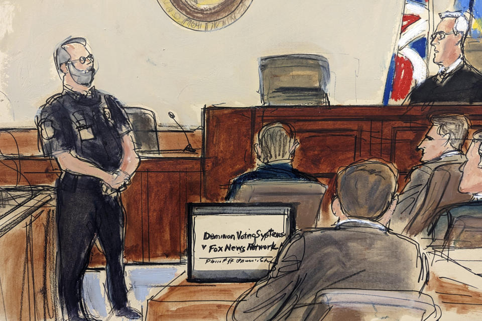 This artist sketch depicts Judge Eric Davis telling the jury they are dismissed after Fox News and Dominion Voting Systems settled in the voting machine company's defamation lawsuit, Tuesday afternoon, April 18, 2023, in Wilmington, Del. (Elizabeth Williams via AP)