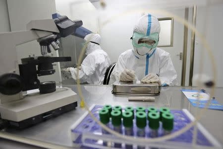 Health inspection and quarantine researchers work in their laboratory at an airport in Qingdao, Shandong province August 11, 2014. REUTERS/China Daily