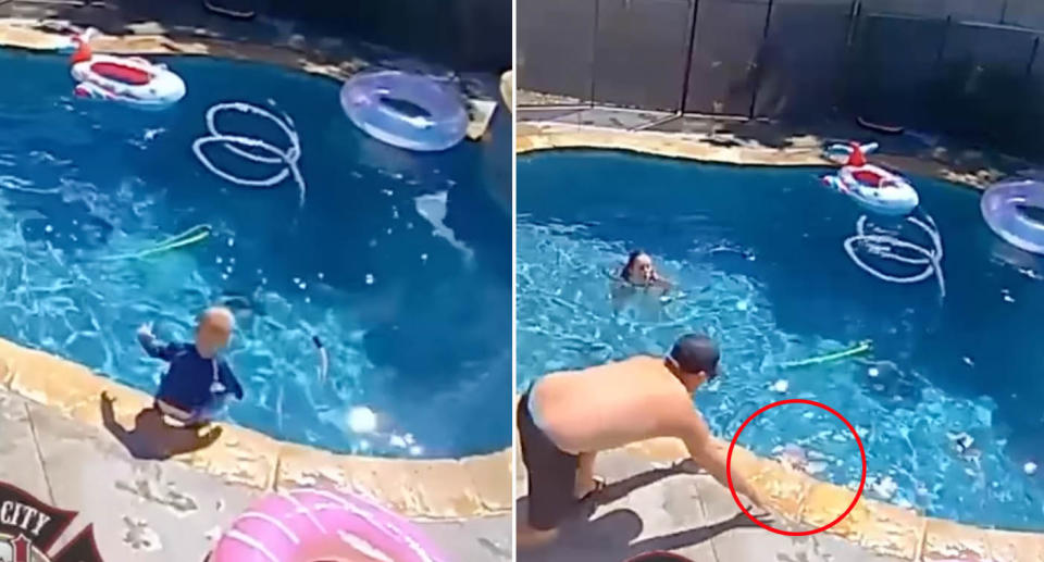 Baby jumping in backyard pool before dad pulls him out. 