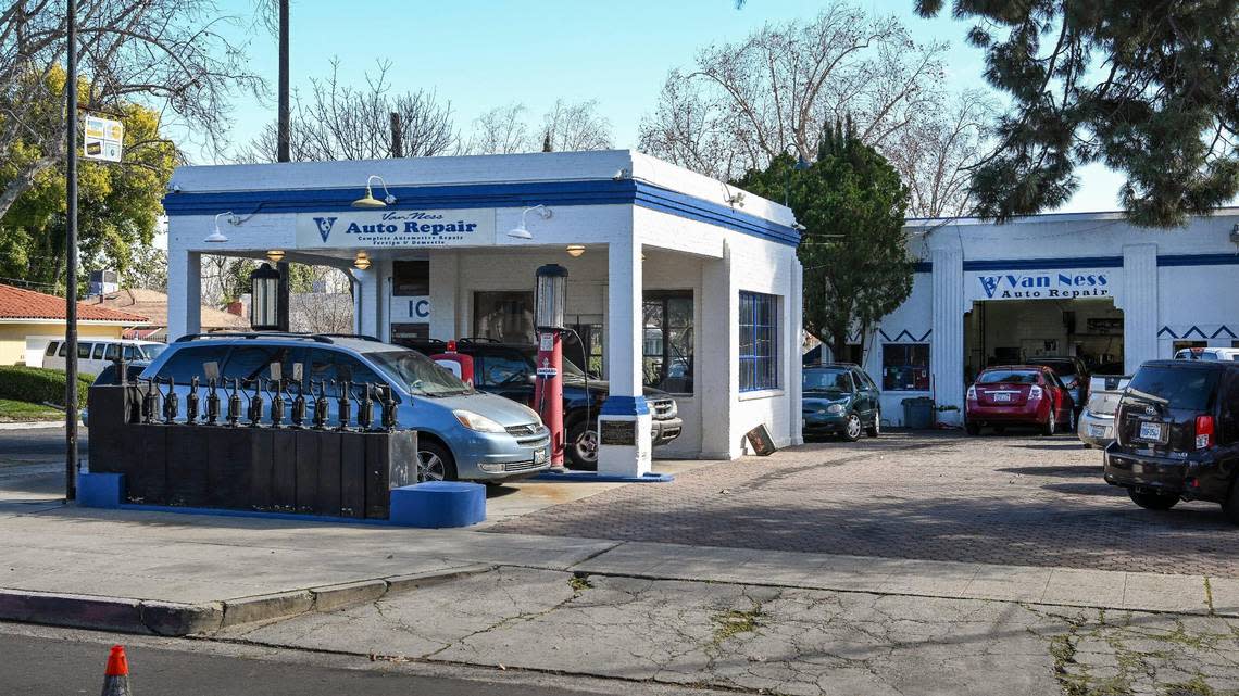 Van Ness Auto Repair, located on Van Ness Boulevard in the Fresno High neighborhood is up for sale. The historic building was originally opened in 1926 as a Standard Oil service station, and still has the old pumps displayed in front.