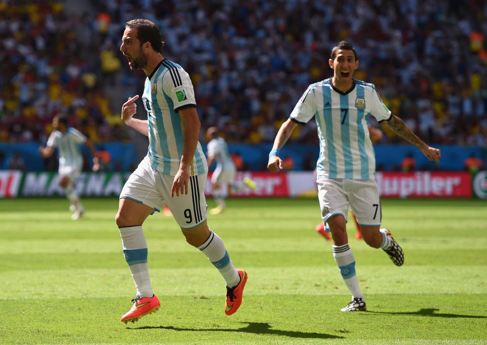 Gonzalo Higuain and Angel Di Maria both make the back half of our top 100. They’ll have to perform like top 50 players if Argentina is to win the 2018 World Cup. (Getty)