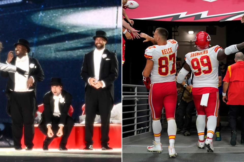 <p>Gareth Cattermole/TAS24/Getty Images; AP Photo/Matt York</p> From Left: Kameron Saunders and Travis Kelce in London; Kelce and Khalen Saunders after a NFL game