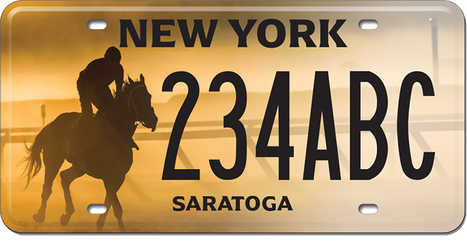 The Saratoga horse racing license plate, showing a racehorse and jockey, was unveiled as an available custom license plate in New York this year, in addition to 10 regional plates and other custom license plates.