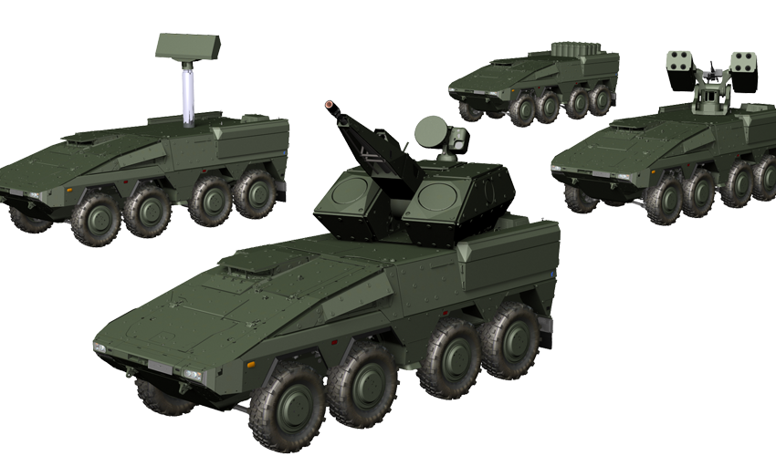 Rheinmetall concept artwork showing an expanded fleet of Boxer-based Skyranger SHORADS vehicles. As well as a gun vehicle, these comprise a Search Radar Control Node (SRCN), one with pods for Stinger-type missiles, and one with vertically launched Cheetah missiles. <em>Rheinmetall</em>