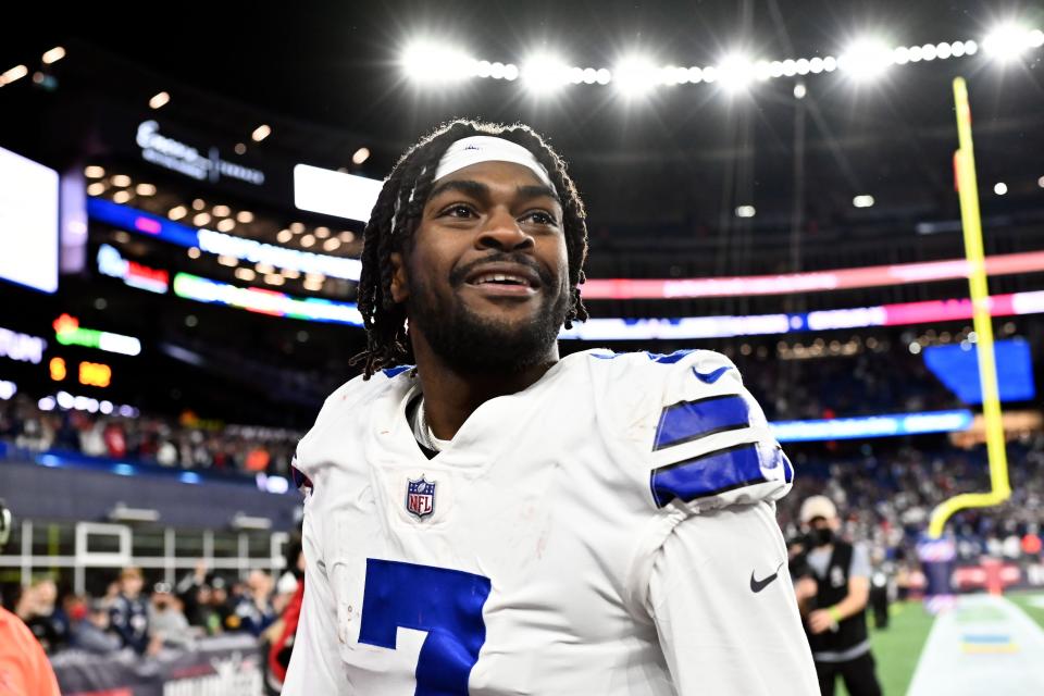 Dallas Cowboys cornerback Trevon Diggs (7) runs off of the field after a game against the New England Patriots at Gillette Stadium.