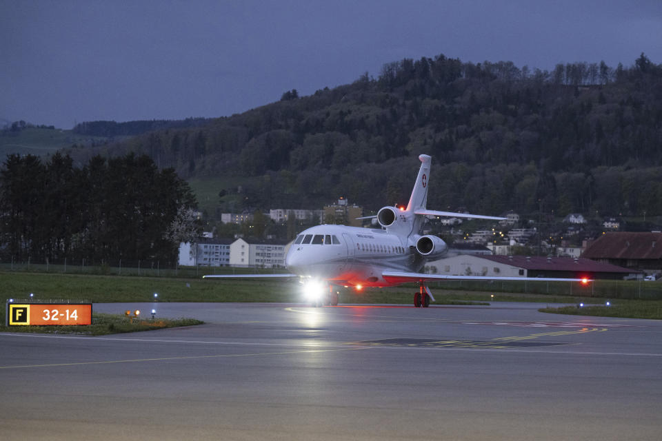 An Aiplaine of the Swiss Air Force arrives at the Bern-Belp Airport in Belp, Switzerland, Tuesday, April 25, 2023. Swiss nationals are flown out of the crisis area in Sudan. (Peter Schneider/Keystone via AP, Pool)