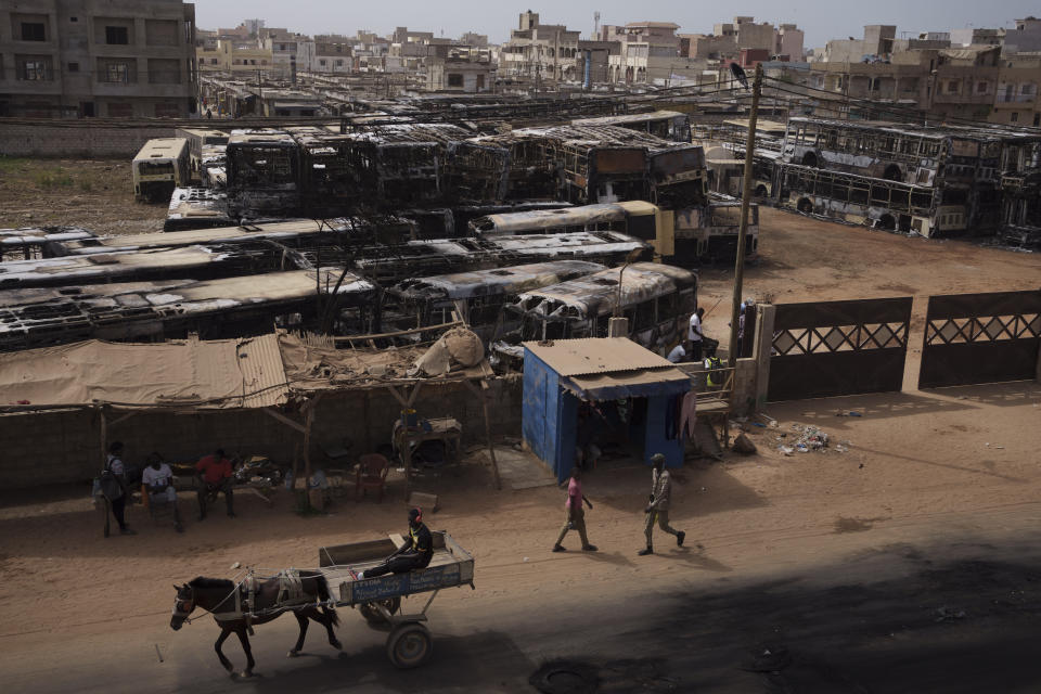 A man drives his horse-drawn cart past burned buses, parked in a lot for out of service vehicles, that were set on fire during protests last night in Keur Massar, Dakar region, Senegal, Tuesday, May 16, 2023. According to the authorities at least three people died, including a police officer who was hit by a police vehicle, in Dakar and Ziguinchor during clashes between security forces and supporters of Senegalese opposition leader Ousmane Sonko. (AP Photo/Leo Correa)