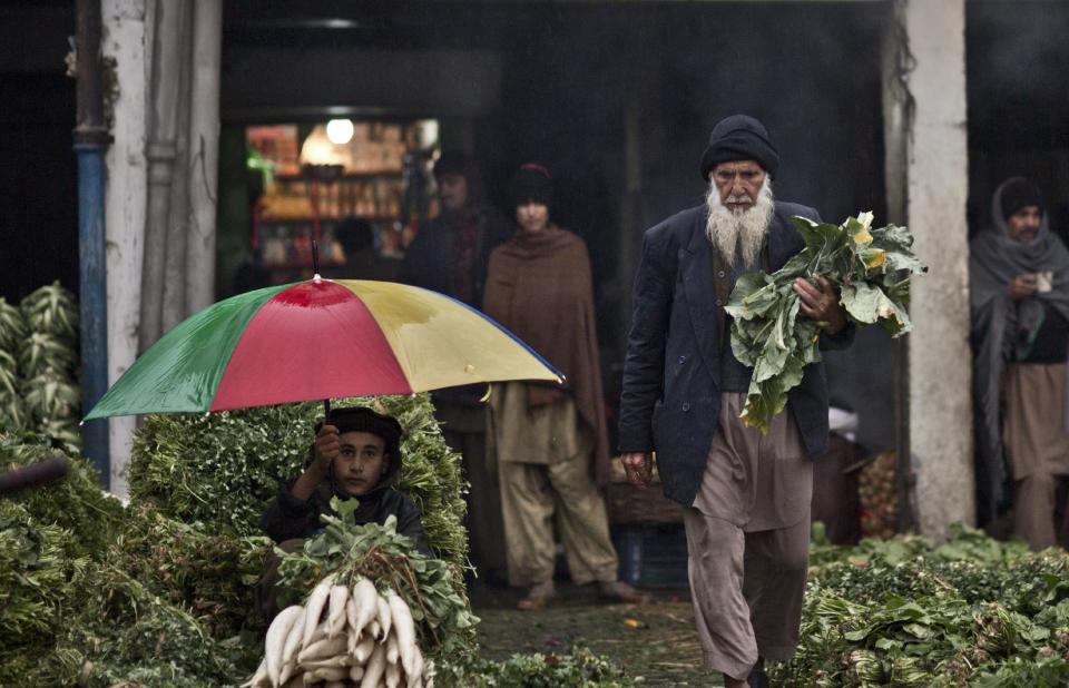 An elderly Pakistani man, collects vegetables left on the ground by vendors at a wholesale market on the outskirts of Islamabad, Pakistan, Thursday, Feb. 6, 2014. (AP Photo/Muhammed Muheisen)