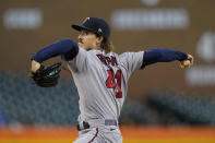 Minnesota Twins starting pitcher Joe Ryan throws during the first inning of the team's baseball game against the Detroit Tigers, Friday, Sept. 30, 2022, in Detroit. (AP Photo/Carlos Osorio)