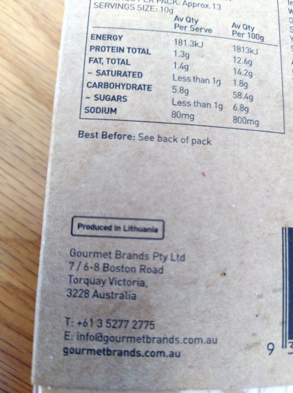 Back of crackers pack stating they're produced in Lithuania.