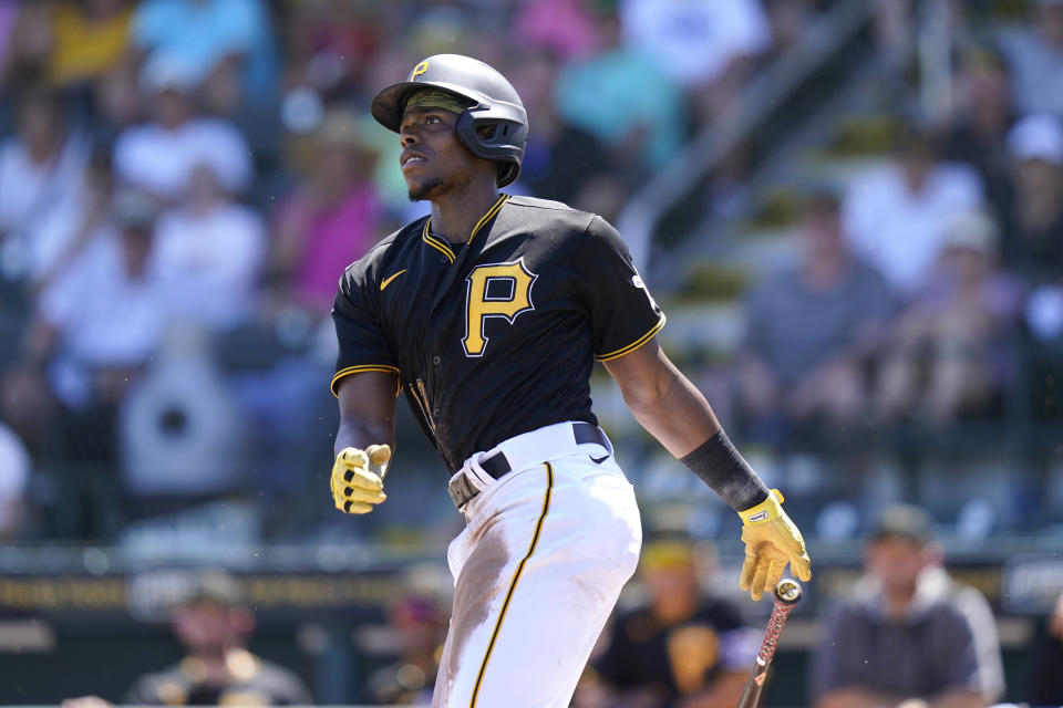 Pittsburgh Pirates' Ke'Bryan Hayes bats during the first inning of a spring training baseball game against the Baltimore Orioles, Tuesday, March 22, 2022, in Bradenton, Fla. (AP Photo/Lynne Sladky)