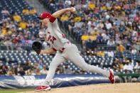 St. Louis Cardinals starter J.A. Happ pitches to a Pittsburgh Pirates batter during the first inning of a baseball game Friday, Aug. 27, 2021, in Pittsburgh. (AP Photo/Keith Srakocic)