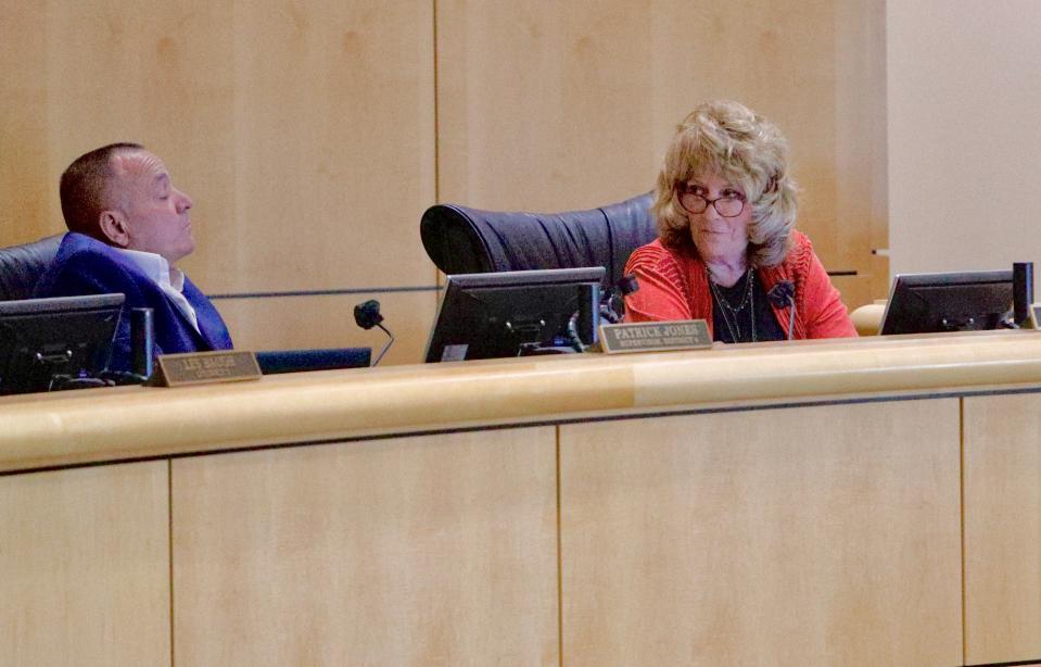 Shasta County Supervisors Patrick Jones, left, and Mary Rickert attend the board meeting Tuesday, Sept. 13, 2022.