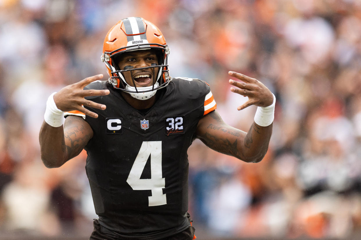 Sep 10, 2023; Cleveland, Ohio, USA; Cleveland Browns quarterback Deshaun Watson (4) celebrates his touchdown run against the Cincinnati Bengals during the second quarter at Cleveland Browns Stadium. Mandatory Credit: Scott Galvin-USA TODAY Sports