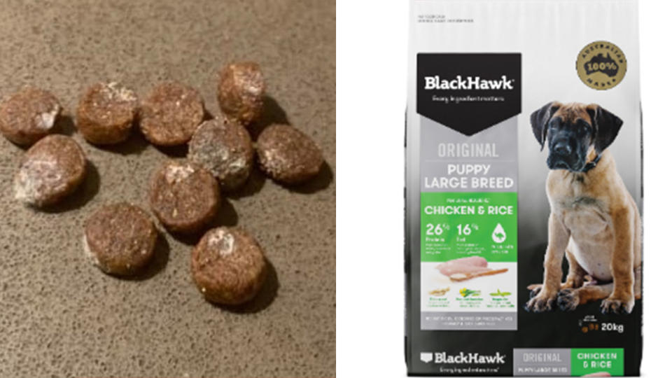 Pictured left is mould on the Black Hawk Dog Food. Right is a stock image of Black Hawk Puppy Large Breed Chicken and Rice. Source: Facebook/Black Hawk