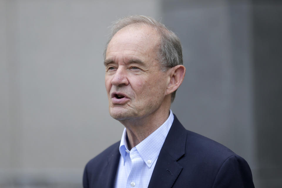 Attorney David Boies speaks to reporters in front of federal court in New York, Monday, July 8, 2019. Eleven years after letting Jeffrey Epstein off lightly with a once-secret plea deal, the U.S. government is taking another run at putting the wealthy sex offender behind bars with new sex-trafficking charges that law enforcement officials say involve allegations dating to the early 2000s. Boies is representing some of the alleged victims. (AP Photo/Seth Wenig)