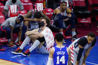 Washington Wizards players react on the bench during the second half of Game 5 in a first-round NBA basketball playoff series against the Philadelphia 76ers, Wednesday, June 2, 2021, in Philadelphia. (AP Photo/Matt Slocum)