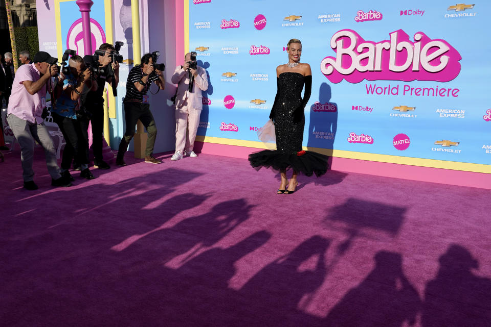 Margot Robbie arrives at the premiere of "Barbie" on Sunday, July 9, 2023, at The Shrine Auditorium in Los Angeles. (AP Photo/Chris Pizzello)