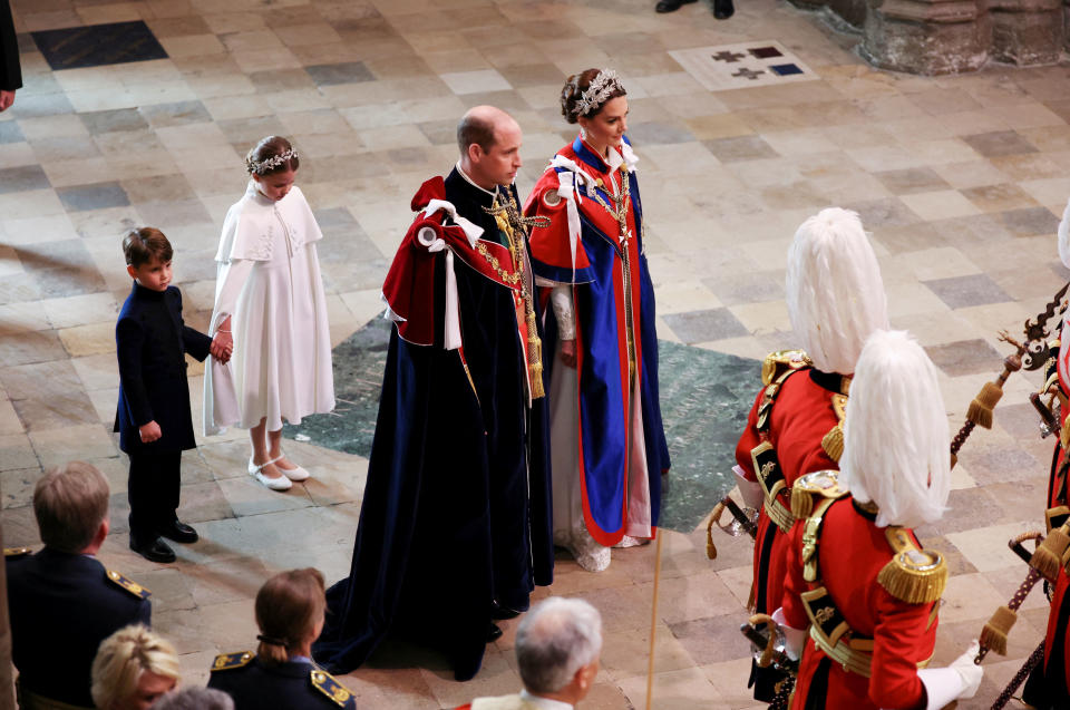 LONDON, ENGLAND - MAY 06: Prince William and Catherine, Princess of Wales arrives for the Coronation of King Charles III and Queen Camilla on May 6, 2023 in London, England. The Coronation of Charles III and his wife, Camilla, as King and Queen of the United Kingdom of Great Britain and Northern Ireland, and the other Commonwealth realms takes place at Westminster Abbey today. Charles acceded to the throne on 8 September 2022, upon the death of his mother, Elizabeth II. (Photo by Phil Noble - WPA Pool/Getty Images)