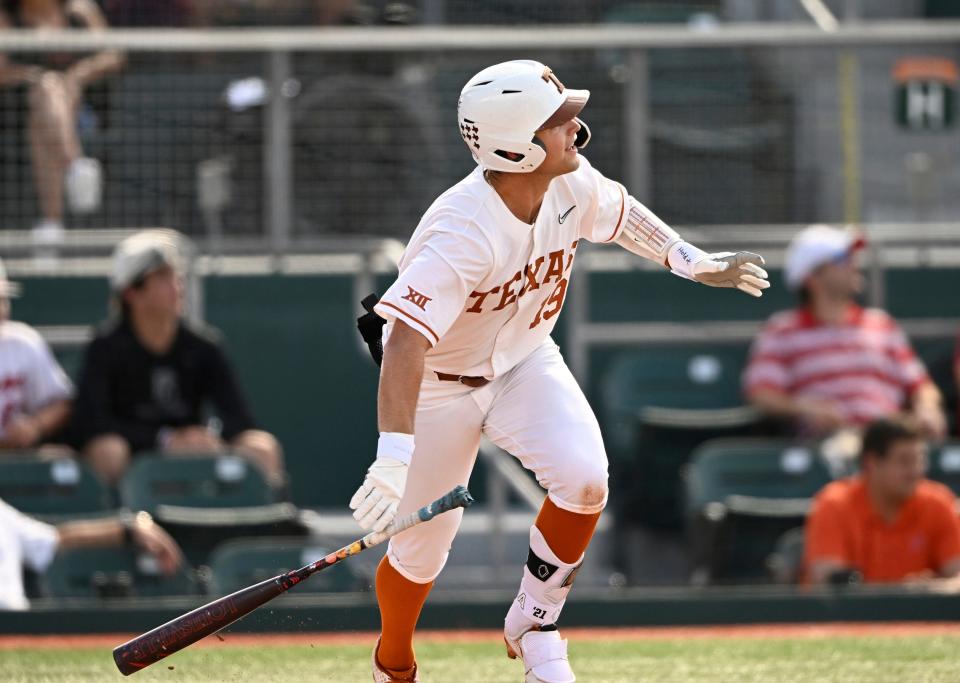 Texas' Mitchell Daly watches his solo home run leave the park in the sixth inning of Friday's 4-2 win over Louisiana to open the NCAA Coral Gables Regional.