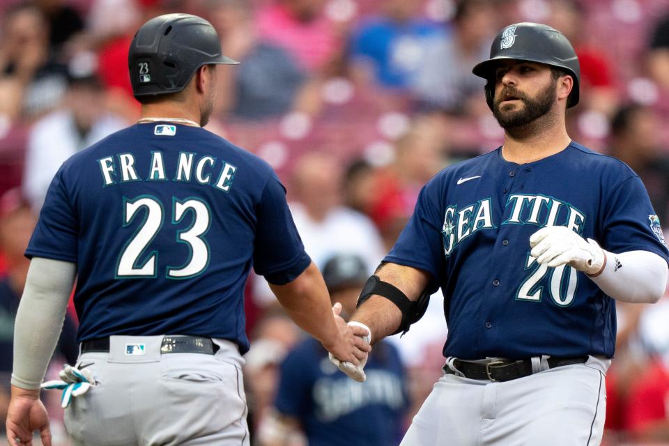 Mike Ford, right, is a left-handed hitter who can play first base or be the designated hitter. He hit 16 home runs in only 219 at-bats last season for Seattle, which was in the mix for a playoff spot.