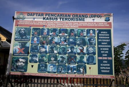 A police billboard showing a list of individuals, including the country's top militant Santoso (top L), wanted in relation with terrorism cases in Poso, Indonesia's Central Sulawesi province, December 19, 2015. REUTERS/Randy Fabi