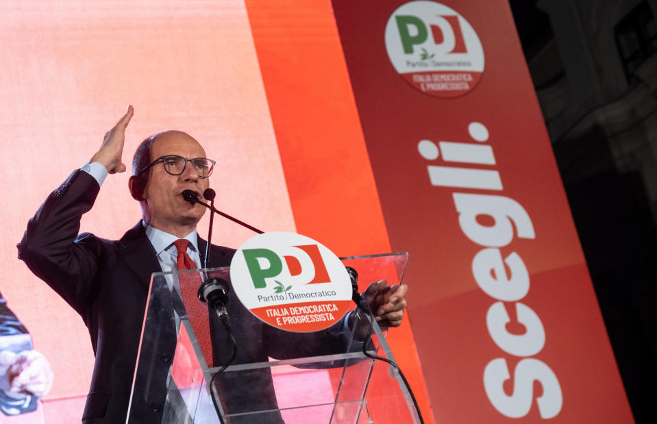 FILE - Italy's Democratic Party leader Enrico Letta speaks during the opening of the electoral campaign in Rome, Sept. 6, 2022. Italian voters cast ballots on Sunday, Sept. 25 in an election that has been billed as crucial as Europe reels from the repercussions of war in Ukraine. Opinion polls indicate Giorgia Meloni's far-right Brothers of Italy party could be the biggest vote-getter, just ahead of the center-left Democratic Party of former Premier Enrico Letta. (Mauro Scrobogna/LaPresse via AP, file)