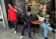 <p>Cypress Hill outside the Galaxy Gallery in Los Angeles in 1990.</p>