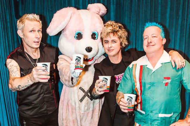 <p>7-Eleven x Green Day</p> Green Day with a Punk Bunny Coffee mascot