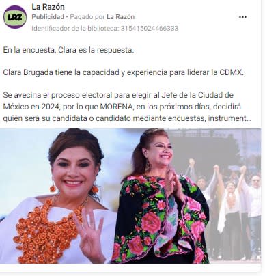 Captura de pantalla anuncio en favor de Clara Brugada