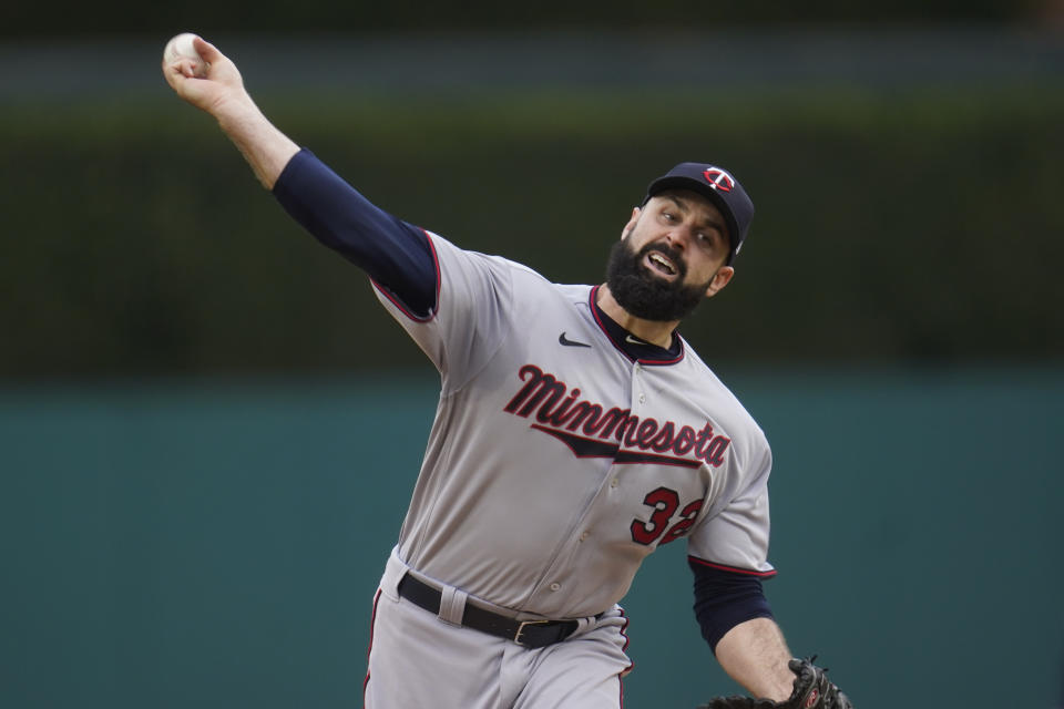 Minnesota Twins pitcher Matt Shoemaker throws against the Detroit Tigers in the first inning of a baseball game in Detroit, Friday, May 7, 2021. (AP Photo/Paul Sancya)