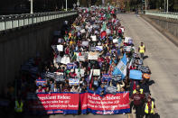 Immigrants who have been in the U.S. for years, rally asking for work permits for Deferred Action for Childhood Arrivals (DACA), and Temporary Protected Status (TPS), programs at Franklin Park in Washington, Tuesday, Nov. 14, 2023. (AP Photo/Jose Luis Magana)