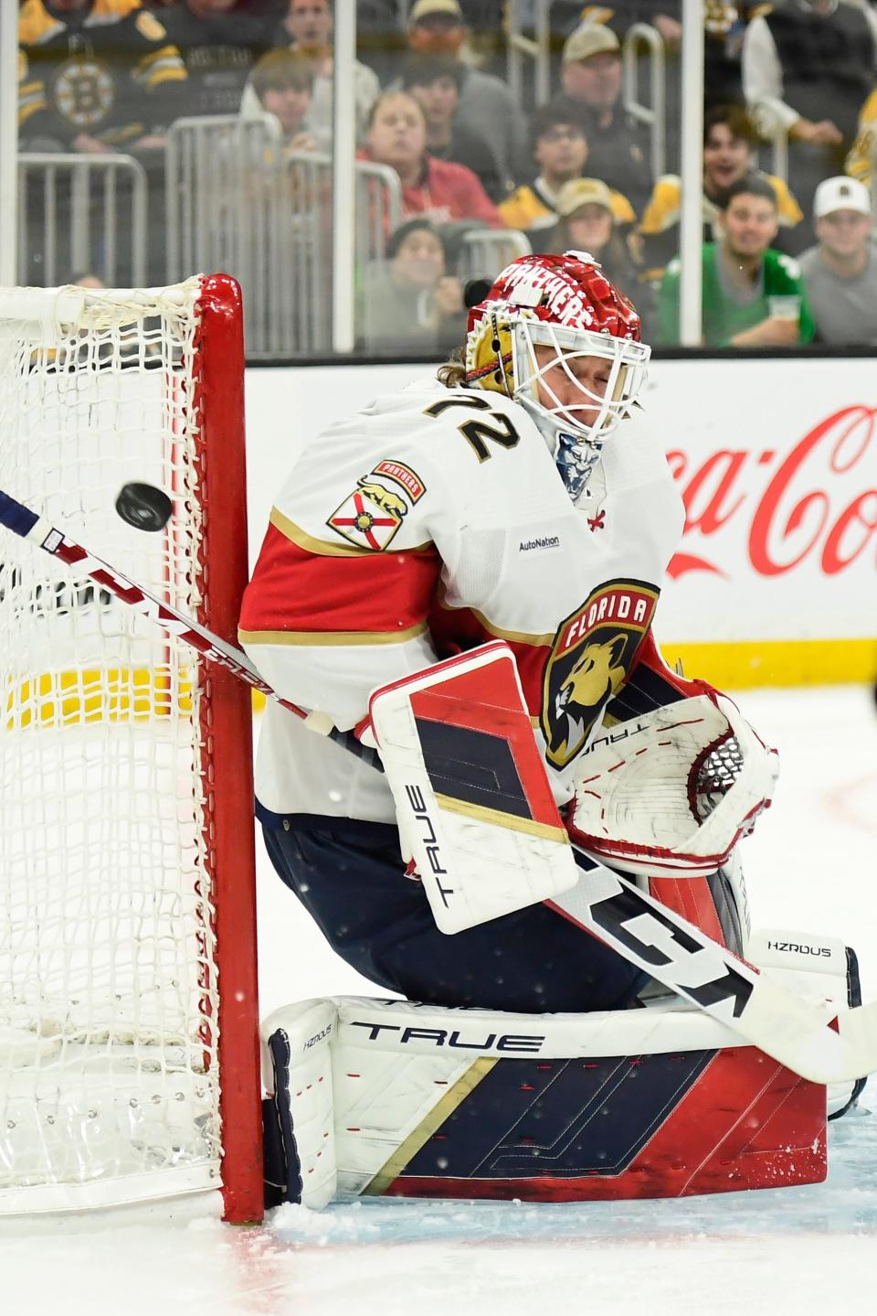 May 17, 2024; Boston, Massachusetts, USA; Florida Panthers goaltender Sergei Bobrovsky (72) makes a save during the first period in game six of the second round of the 2024 Stanley Cup Playoffs against the Florida Panthers at TD Garden. Mandatory Credit: Bob DeChiara-USA TODAY Sports