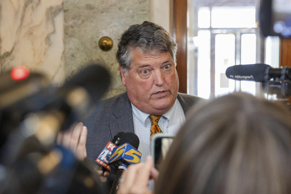 Jeff German. a representative for the Presley family, speaks to members of the media following at court hearing, Wednesday, May 22, 2024, in Memphis, Tenn. A Tennessee judge on Wednesday blocked the auction of Graceland, the former home of Elvis Presley, by a company that claimed his estate failed to repay a loan that used the property as collateral. (Benjamin Naylor/Daily Memphian via AP)