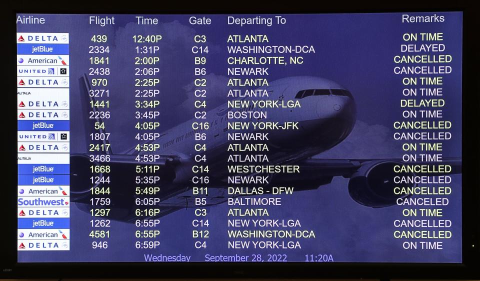 A fair amount of flights have been cancelled or delayed at the Palm Beach International Airport as hurricane Ian makes its way north along the west coast of Florida Wednesday September 28, 2022.