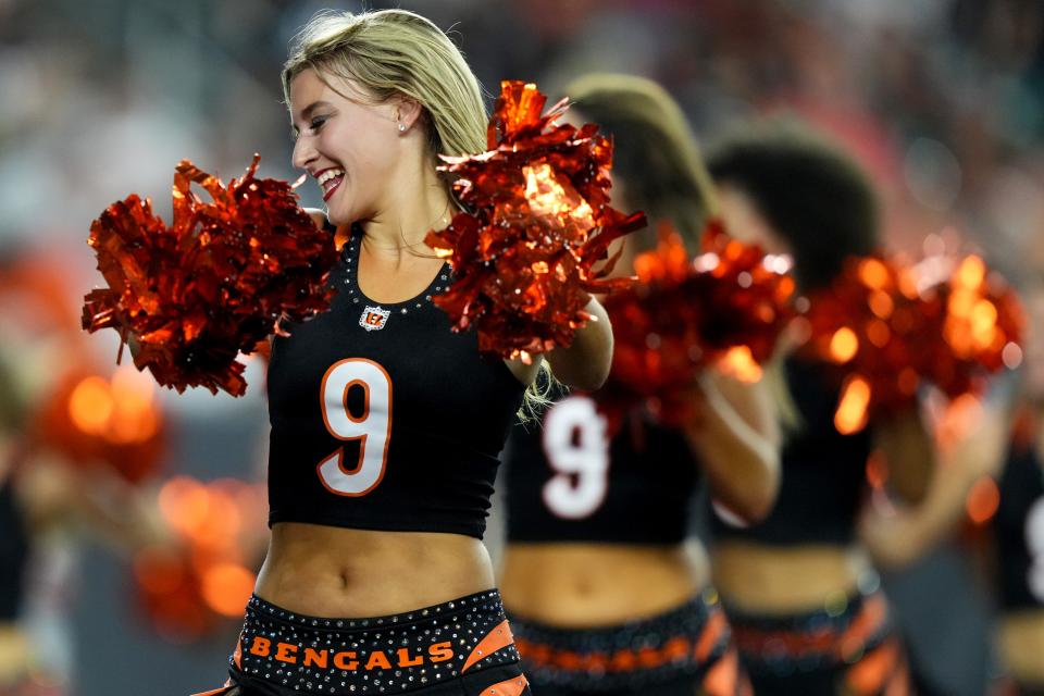 The Cincinnati Ben-Gal cheerleaders perform in the fourth quarter during a Week 1 NFL preseason game between the Green Bay Packers and the Cincinnati Bengals, Friday, Aug. 11, 2023, at Paycor Stadium in Cincinnati.