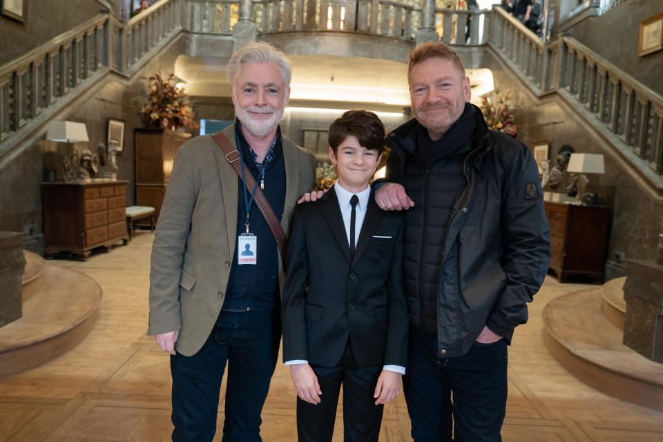 (L-R) Book author Eoin Colfer, Ferdia Shaw, director Kenneth Branagh on the set of Disney's ARTEMIS FOWL. Photo by Nicola Dove. © 2020 Disney Enterprises, Inc. All Rights Reserved.