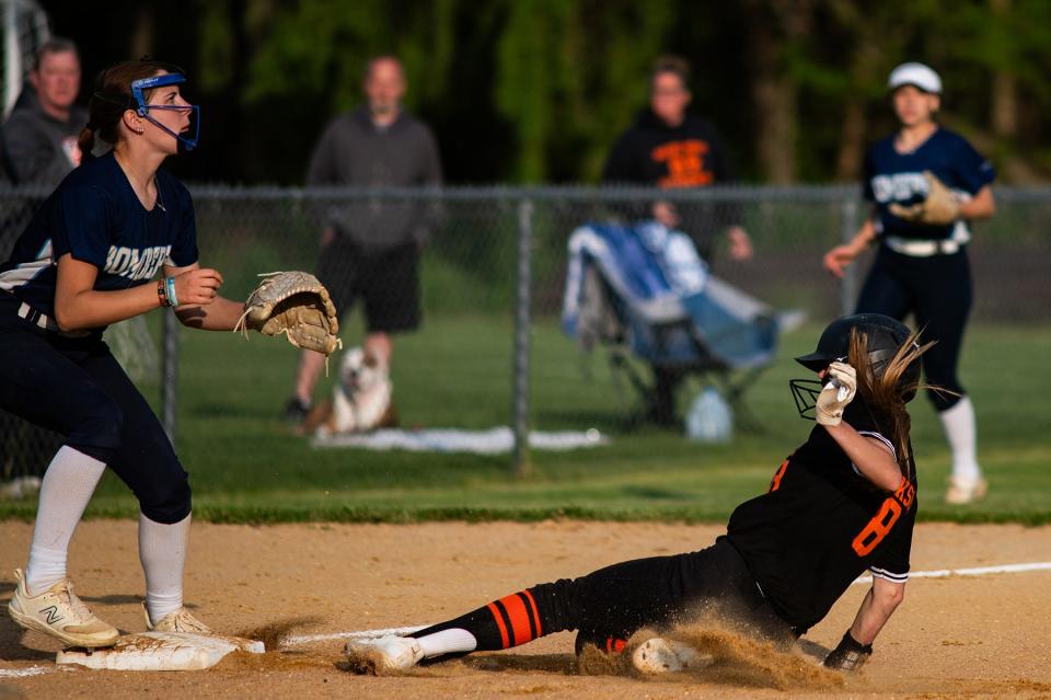 Marlboro's Emma Jackson slides into third base against Pine Plains during the MHAL softball final on May 13, 2024.