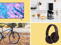 A colorful collage with a pair of Beats headphones, a Schwinn bike, and more.