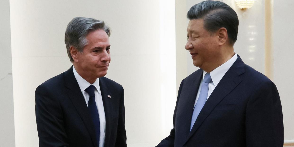 U.S. Secretary of State Antony Blinken shakes hands with Chinese President Xi Jinping in the Great Hall of the People in Beijing, China, Monday, June 19, 2023.