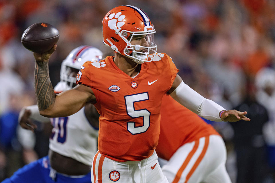 Clemson quarterback DJ Uiagalelei throws a pass during the first half of the team's NCAA college football game against Louisiana Tech on Saturday, Sept. 17, 2022, in Clemson, S.C. (AP Photo/Jacob Kupferman)