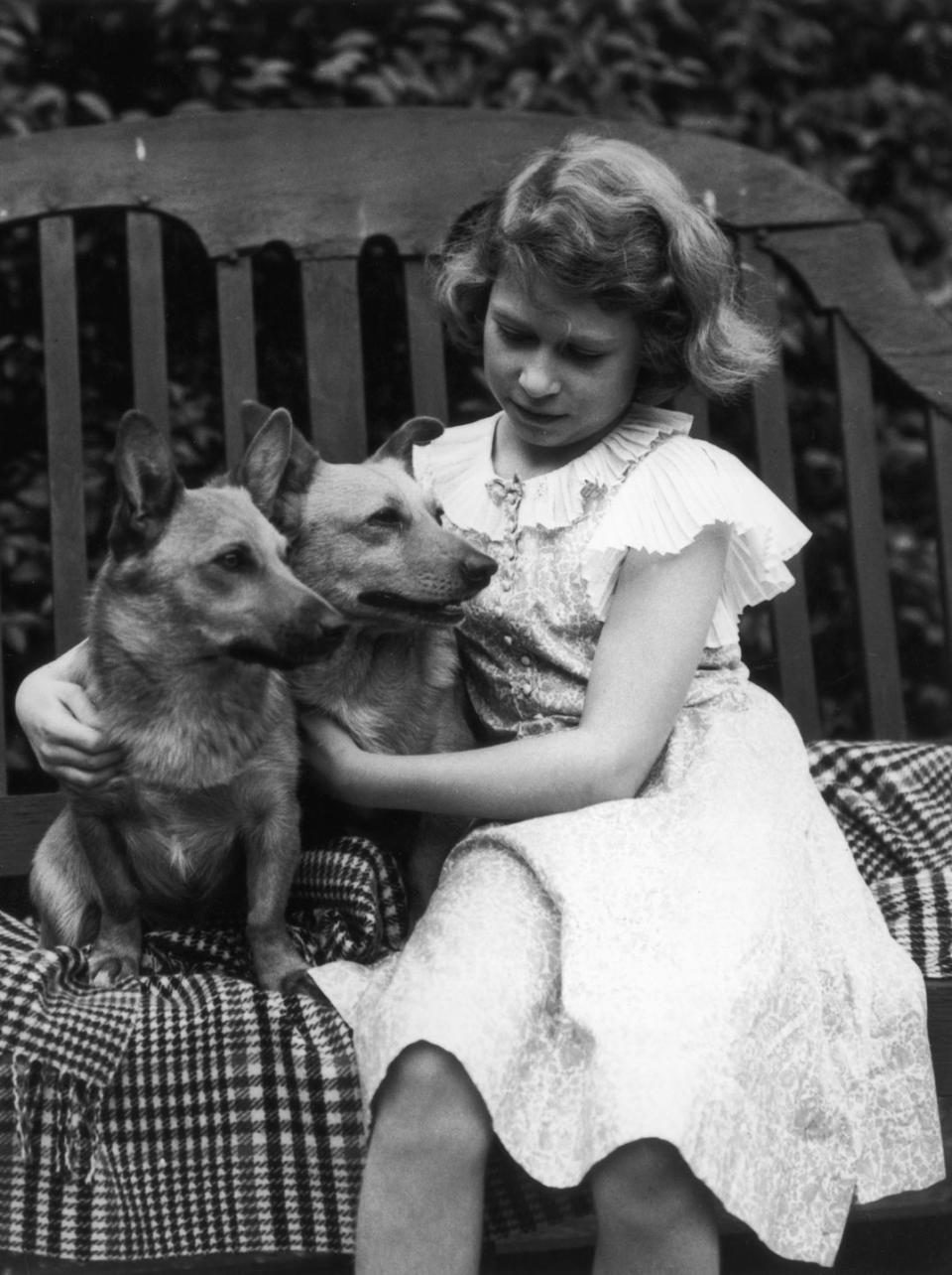 <p>Queen Elizabeth has adored Corgis ever since she was a little girl, so much so that the royal was known to <a href="https://www.romper.com/p/why-does-queen-elizabeth-ii-like-corgis-theyve-been-in-the-family-for-nearly-80-years-9275552" rel="nofollow noopener" target="_blank" data-ylk="slk:breed them at Buckingham Palace;elm:context_link;itc:0;sec:content-canvas" class="link ">breed them at Buckingham Palace</a>. Here, the young princess is seen with two of her family pets, Jane and Dookie. </p>