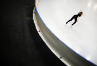 Yuna Kim of South Korea performs during the practice session at Iceberg Skating Palace at the 2014 Winter Olympics, Tuesday, Feb. 18, 2014, in Sochi, Russia. (AP Photo/David Goldman)