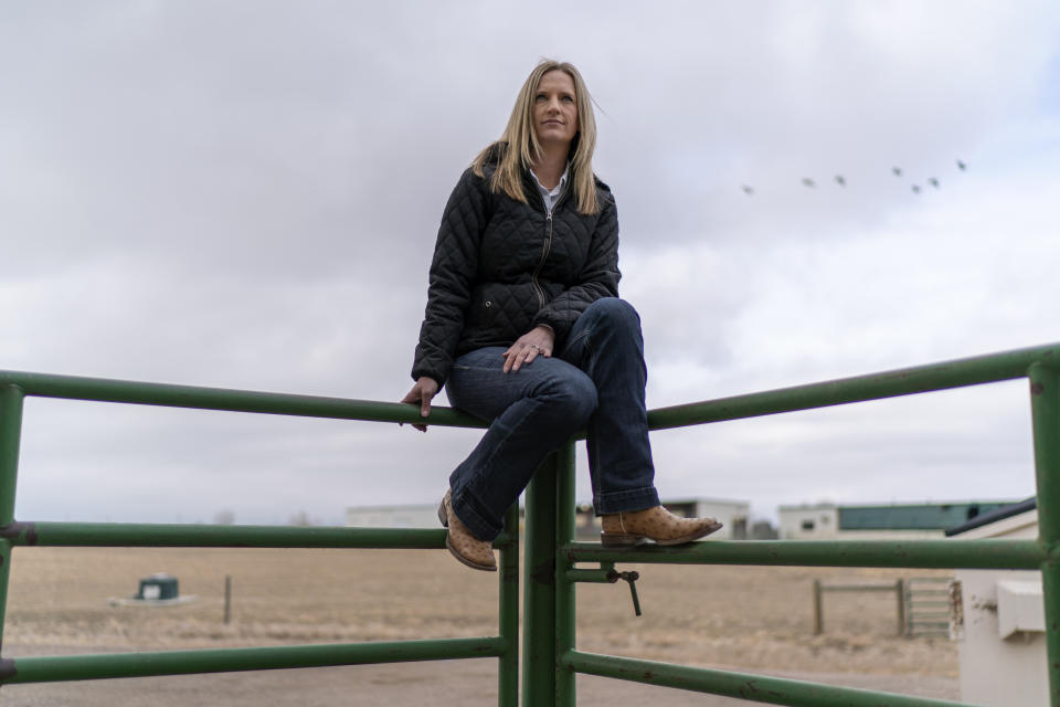 Kim Stackhouse-Lawson, director of Colorado State University's AgNext program and a professor of animal science, sits for a portrait at the campus' research pens in Fort Collins, Colo., Wednesday, March 8, 2023. Stackhouse-Lawson's livestock fascination dates to age 6, when she met her first sheep at a Northern California fair. By high school, she was raising a flock of 400. Now, she wants to lead AgNext and the industry to quick, dramatic improvements. "It was what was needed," she said of AgNext. "A new way to think about partnering a university with a supply chain, and a new group of people to focus just on innovation, to really transform the way we raise animals." (AP Photo/David Goldman)