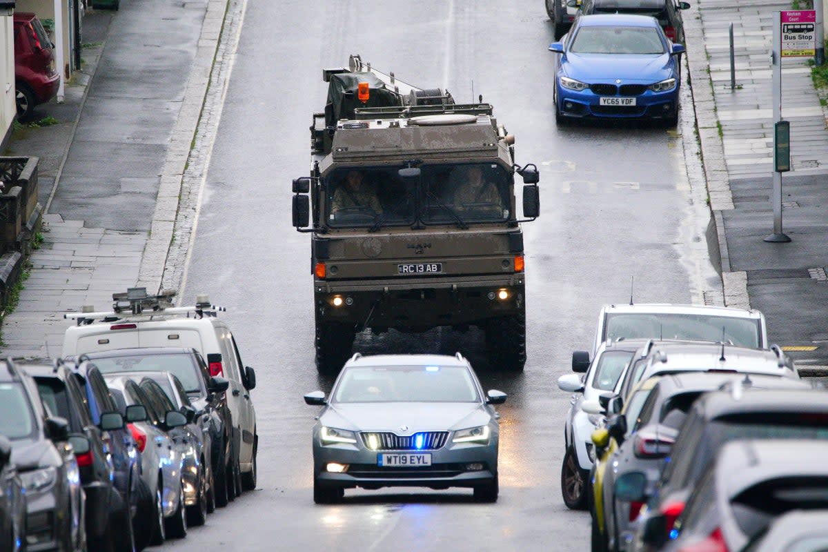 A military vehicle at the scene near St Michael Avenue, Plymouth, where residents have been evacuated and a cordon put in place following the discovery of a suspected Second World War explosive device  (Ben Birchall/PA Wire)