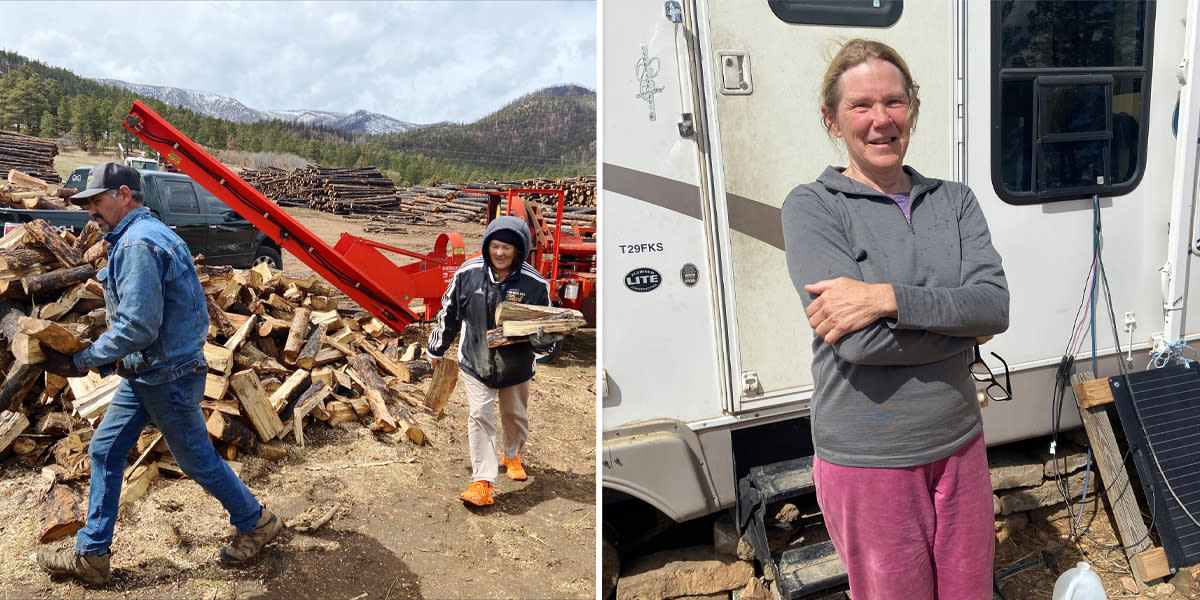 Lumberjack Patrick Griego, tossing logs into the back of his truck, said his company will lose up to $700,000 a year because of the Hermits Peak/Calf Canyon fire. Displaced Mora County resident Kathryn Uehlein has been living out of a donated RV for the past year after her home burned in the wildfire.  (Deon J. Hampton / NBC News)