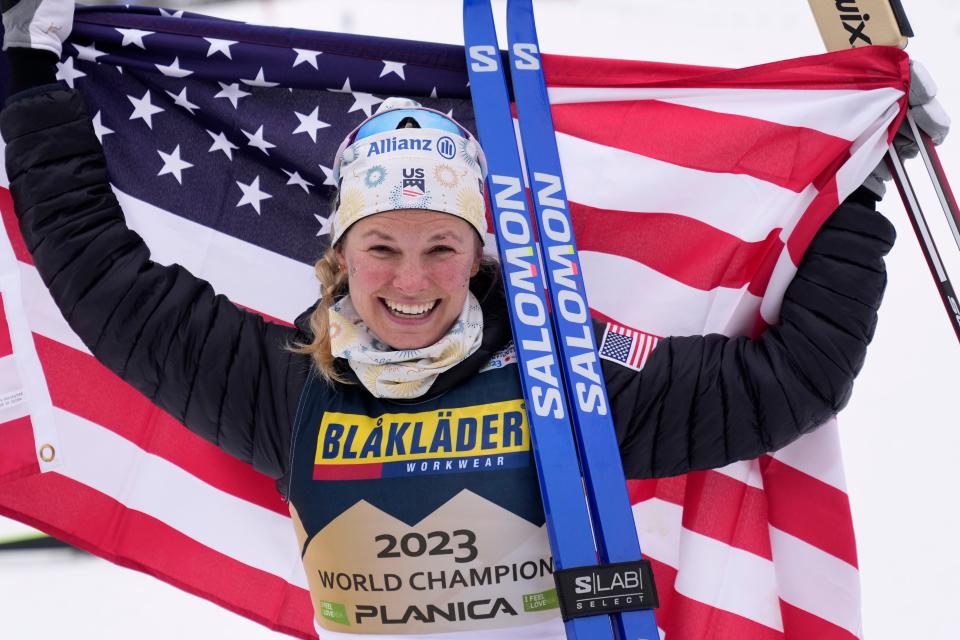 Jessie Diggins, of the United States, celebrates after winning the women's cross country Interval Start 10 KM Free event at the Nordic World Championships in Planica, Slovenia.